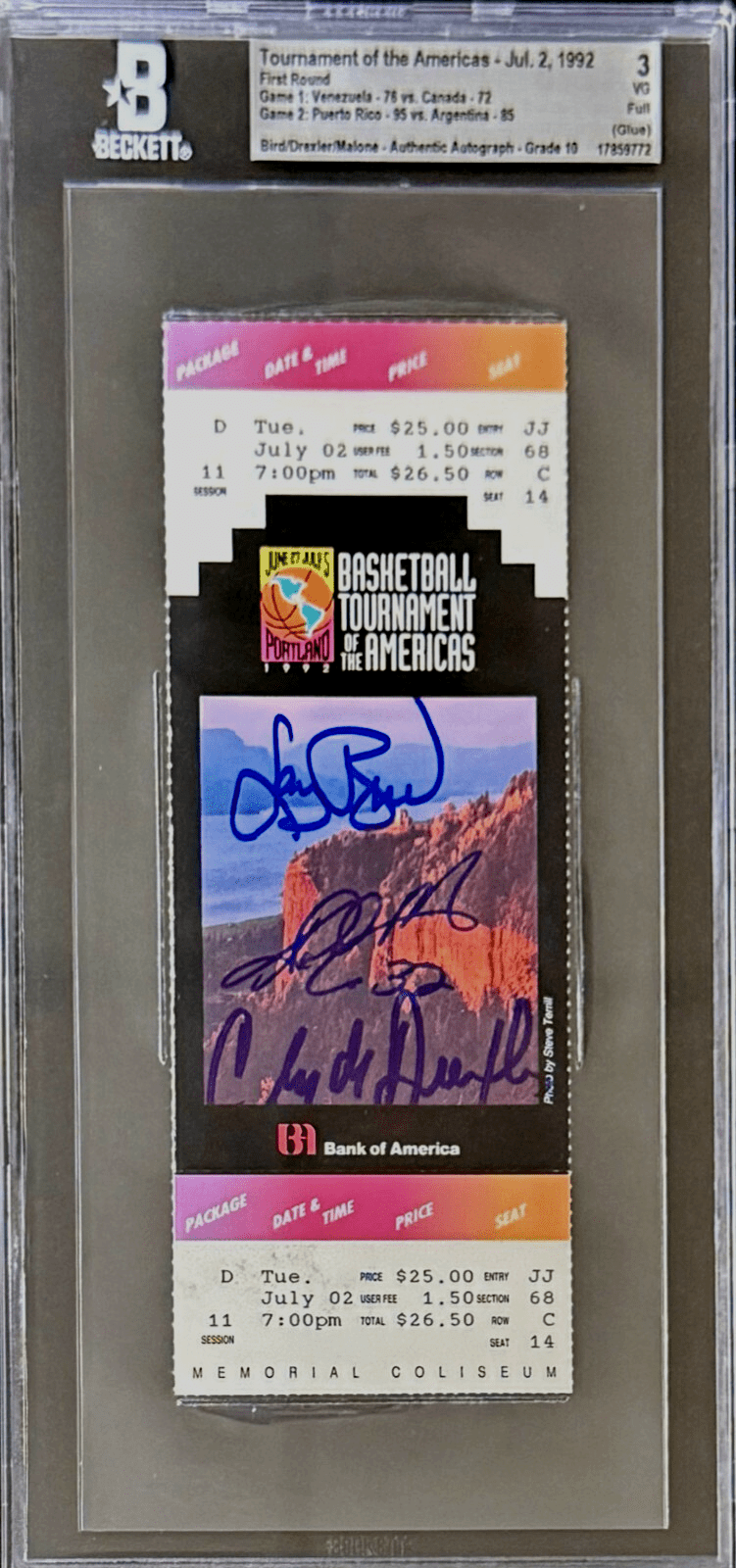 Bird Malone Drexler Signed 1992 Dream Team Tournament of Americas Ticket BAS 7/2