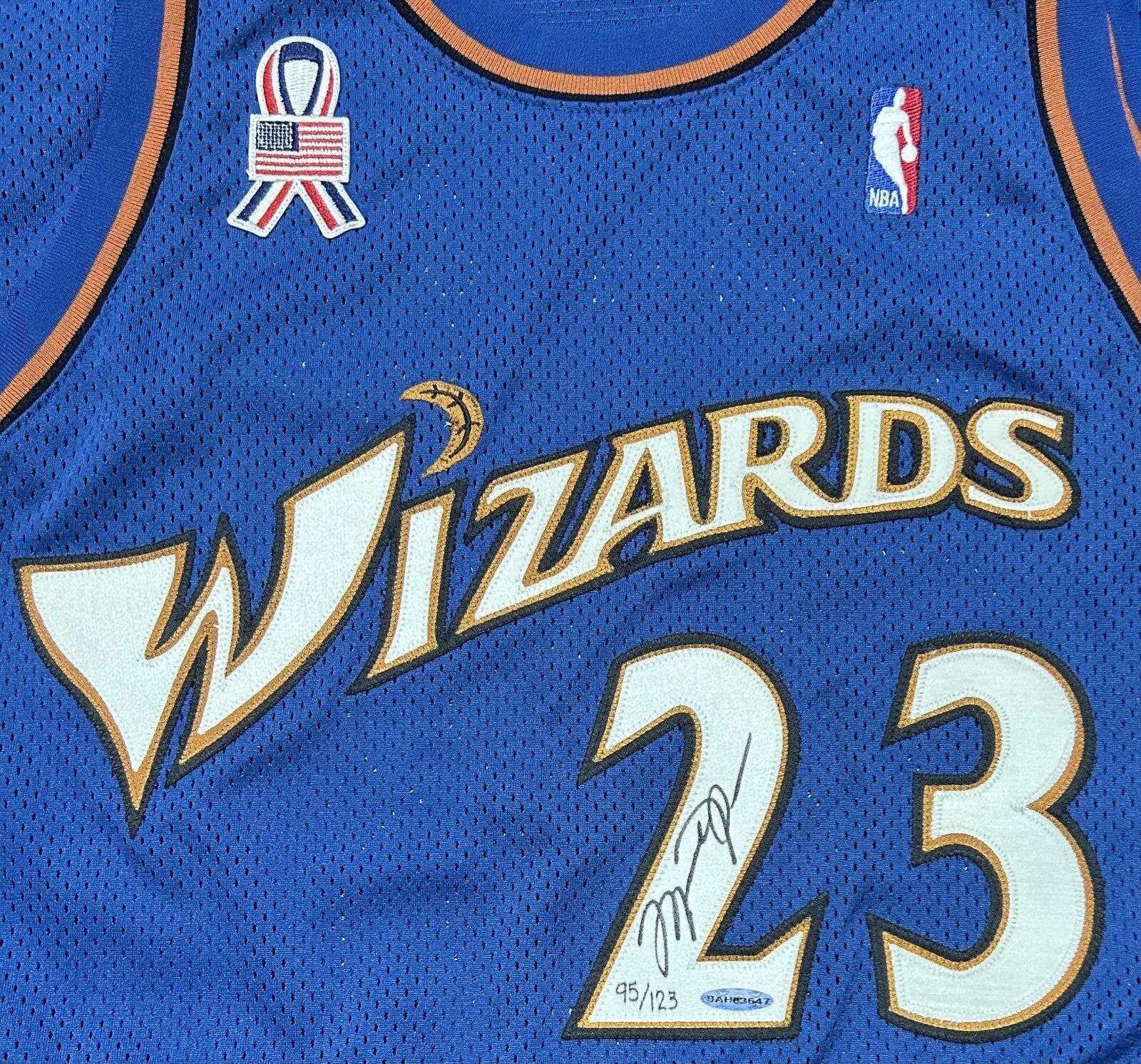 Michael Jordan Signed Washington Wizards Blue Stats Jersey Upper
