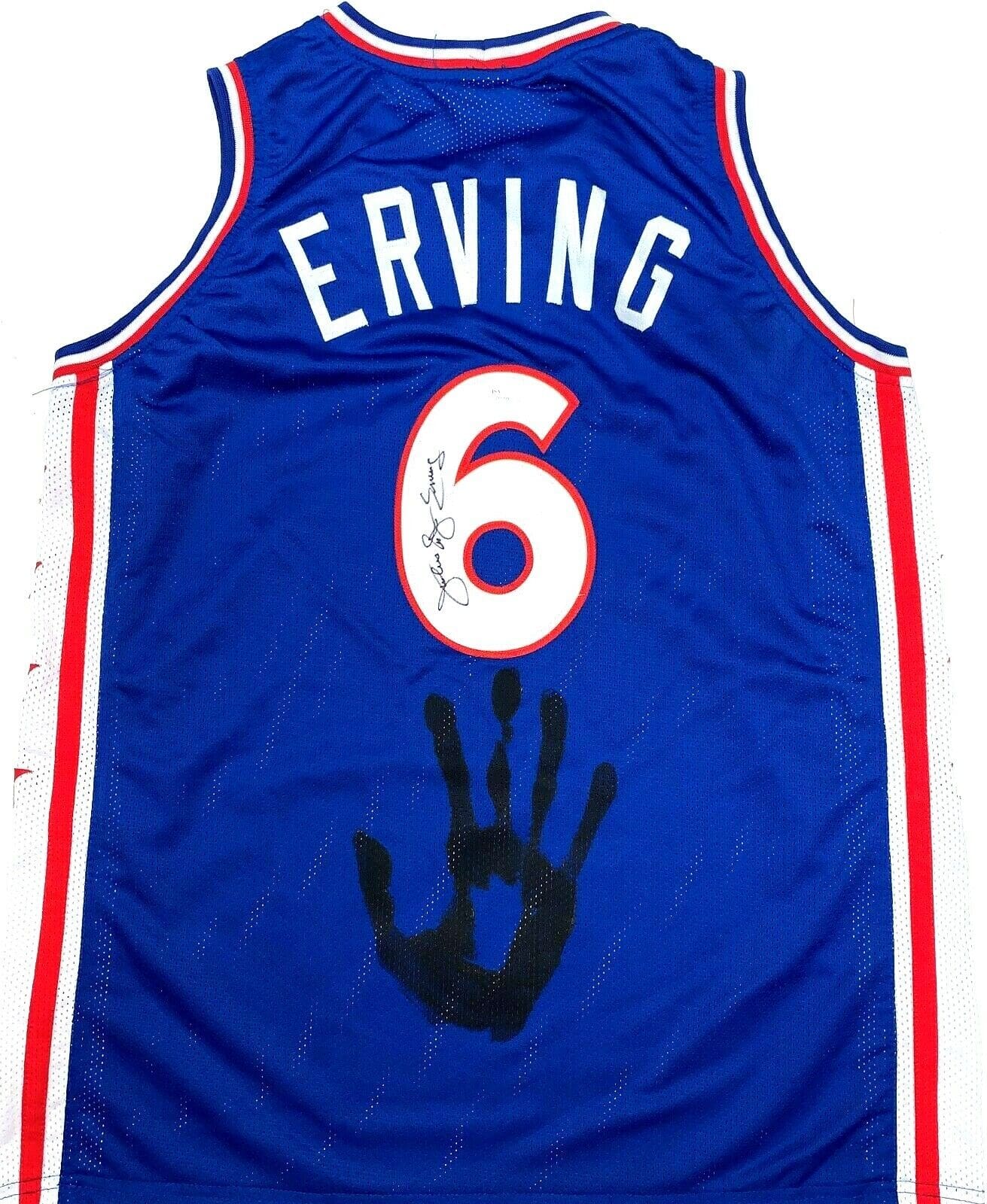 Julius Erving Dr. J Handprint Signed Autographed Blue Jersey JSA Authen Z65899