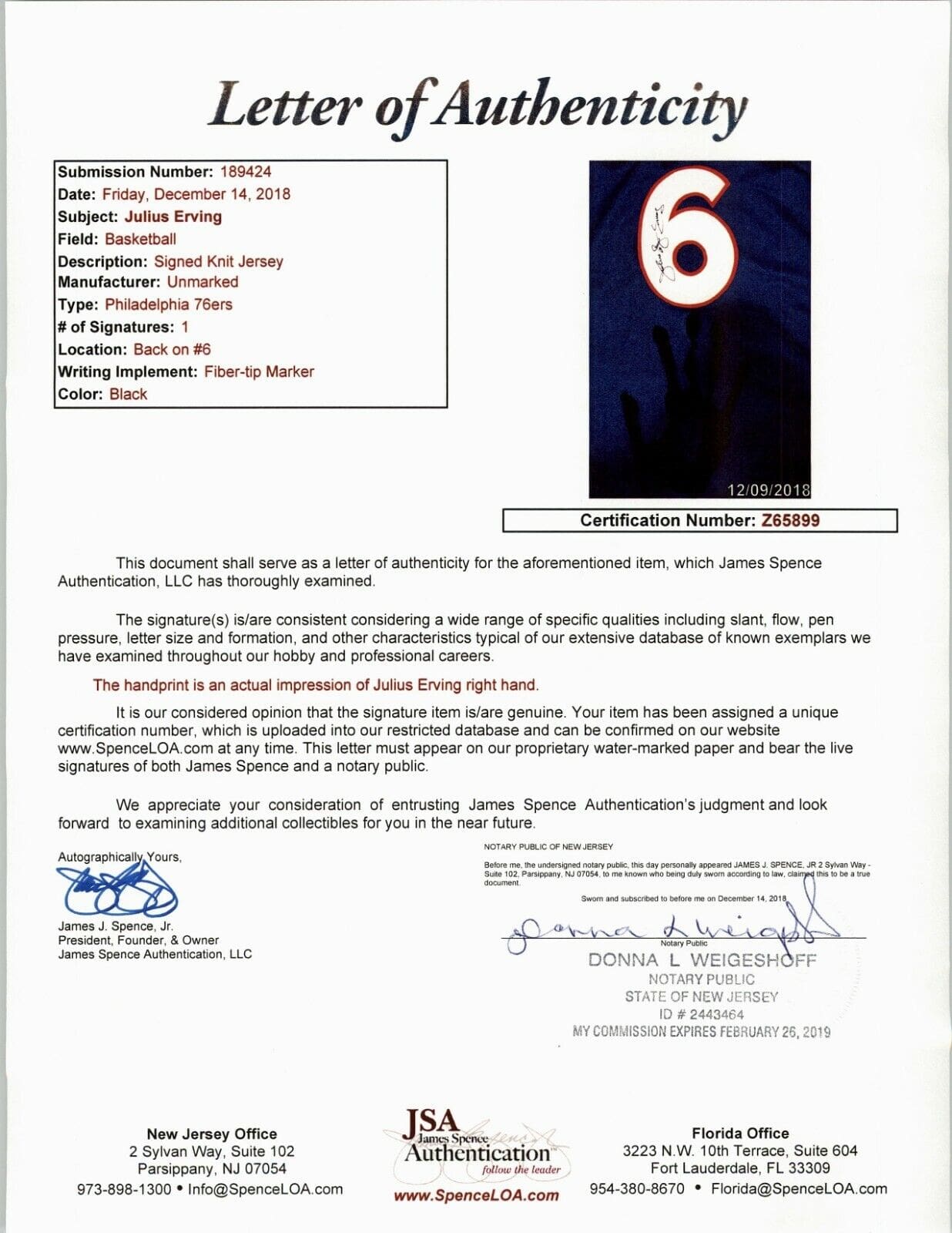 Julius Erving Dr. J Handprint Signed Autographed Blue Jersey JSA Authen Z65899 - Image 6