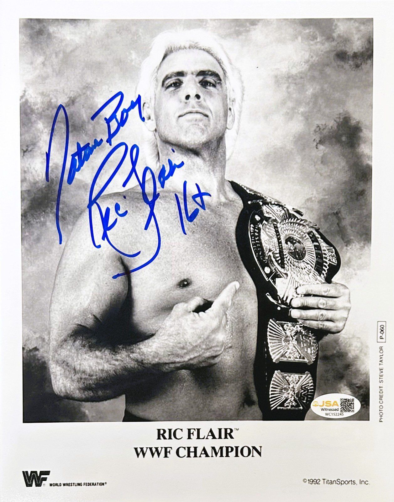 RIC FLAIR AUTOGRAPHED 8x10 PROMO REPRINT PHOTO JSA WWE #29 BLUE SHARPIE