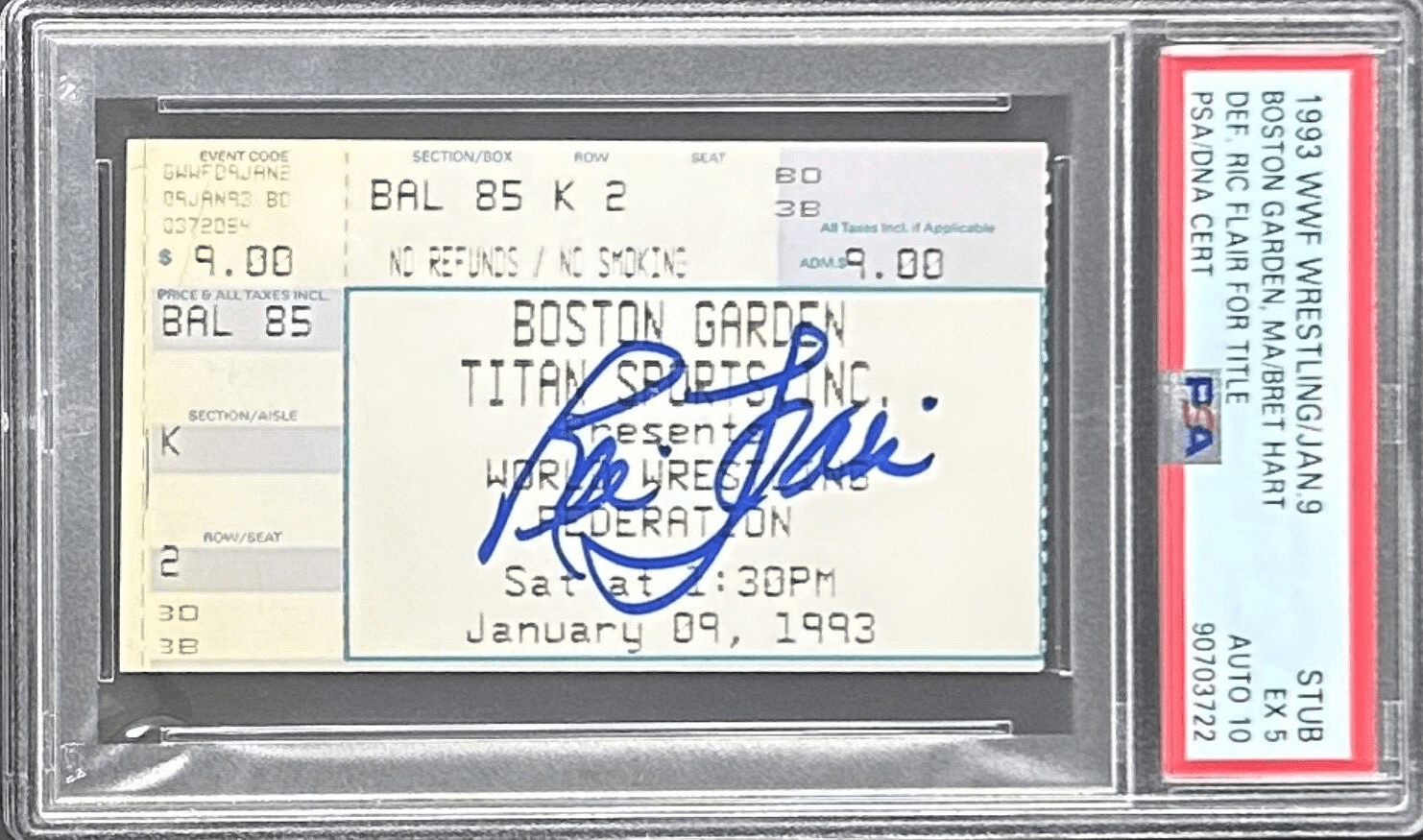 Ric Flair Signed Bret Hart vs Ric Flair 1993 WWF Ticket Stub PSA EX 5 Auto 10