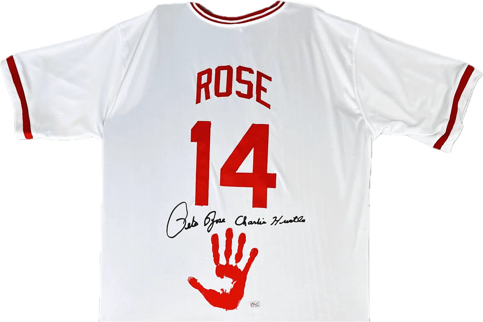 Pete Rose Signed and Handprint White Jersey Pete Rose Exclusive Hologram