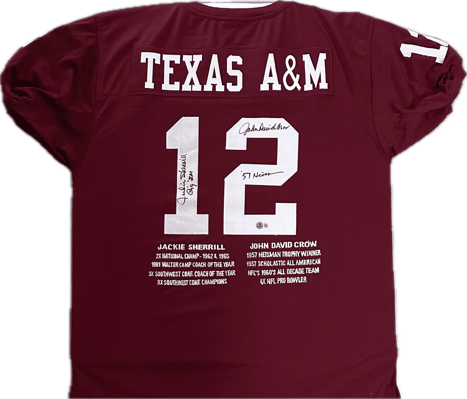 Jackie Sherrill & John David Crow Signed Maroon Stats Jersey Beckett Authentic