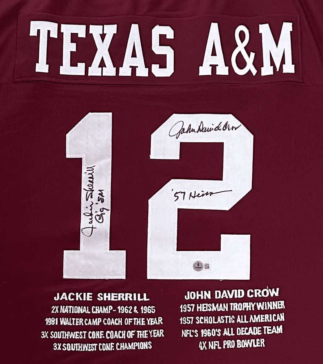 Jackie Sherrill & John David Crow Signed Maroon Stats Jersey Beckett Authentic - Image 2
