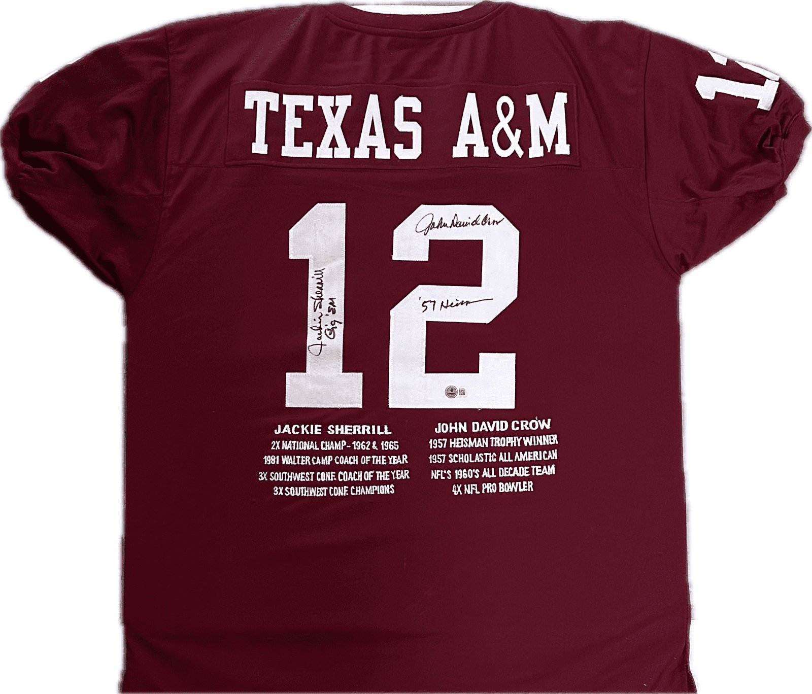 Jackie Sherrill & John David Crow Signed Maroon Stats Jersey Beckett Authentic