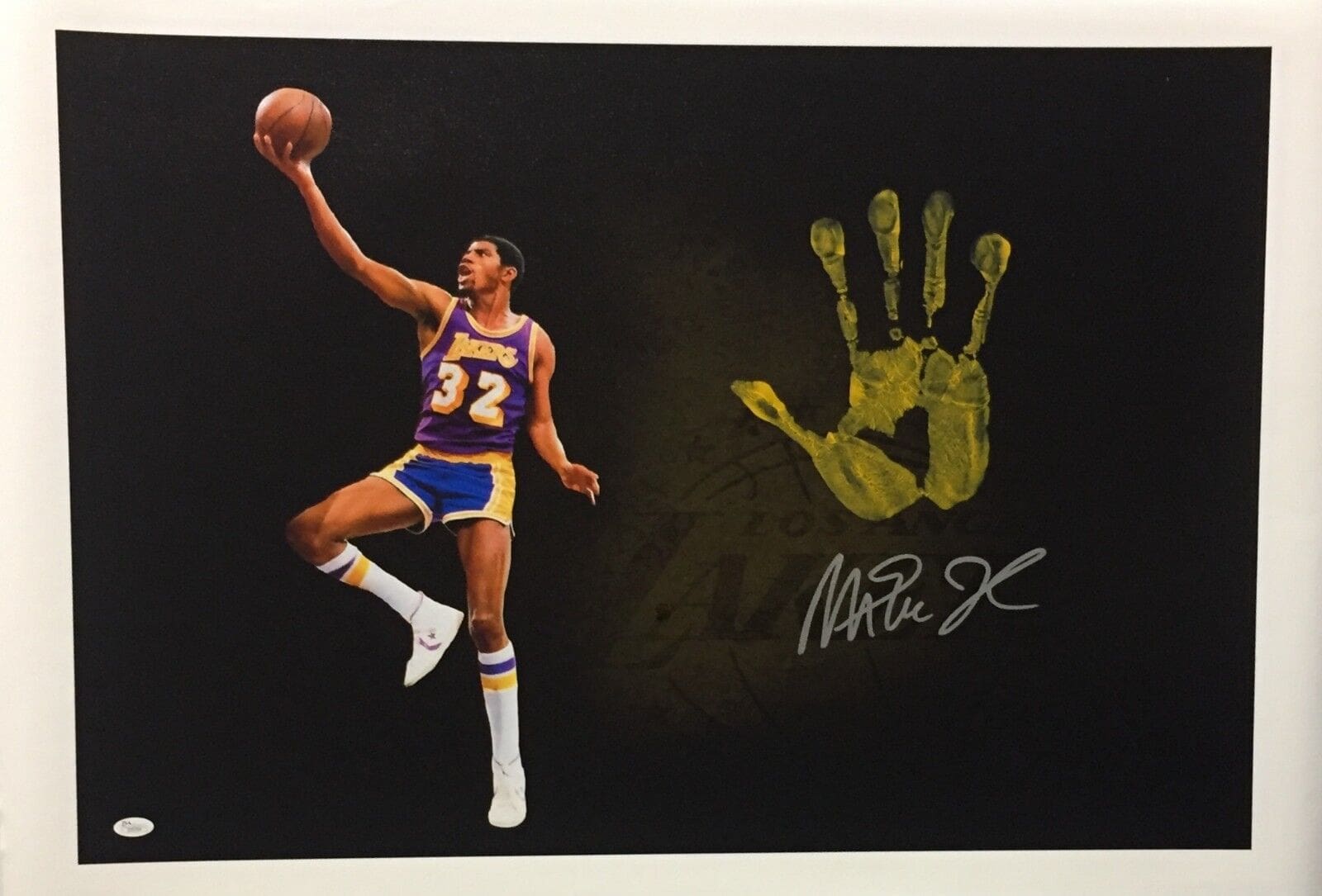 Magic Johnson Handprint Unstretched 20x36 Canvas Layup Purple Signed JSA Z05784