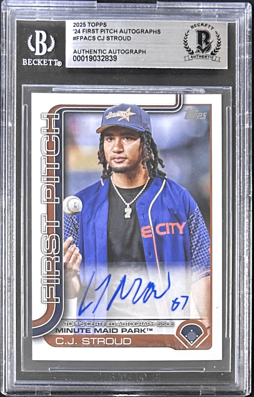 CJ STROUD AUTOGRAPHED 2025 TOPPS FIRST PITCH CARD #FPACS Beckett 19032839 32/99