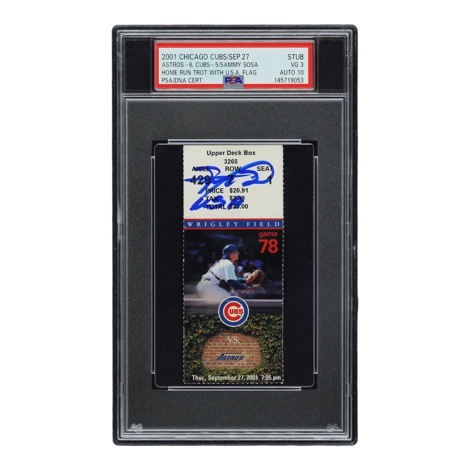 SAMMY SOSA SIGNED HR TROT WITH USA FLAG TICKET STUB 9/27/2001 PSA 145719053 VG 3