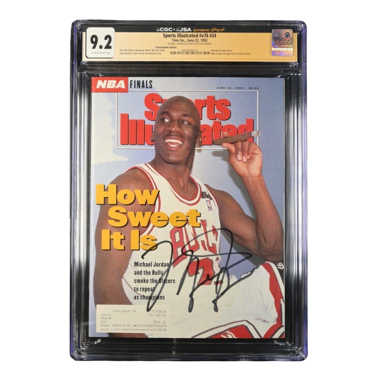 MICHAEL JORDAN SIGNED SPORTS ILLUSTRATED SUBSCRIPTION MAGAZINE 6/22/92 CGC 9.2