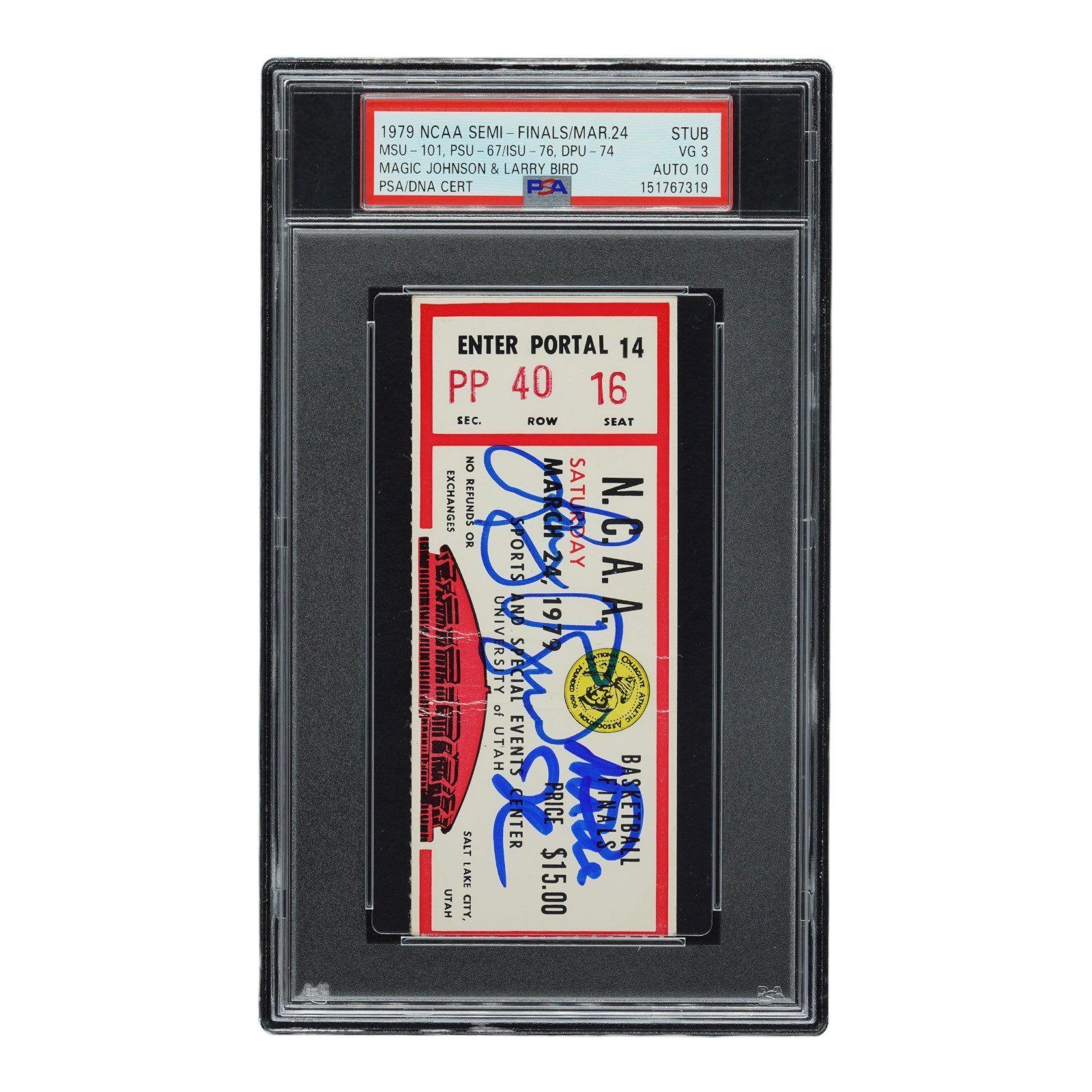 MAGIC JOHNSON LARRY BIRD 1979 NCAA SEMI FINALS SIGNED TICKET STUB PSA 151767319 - Image 2