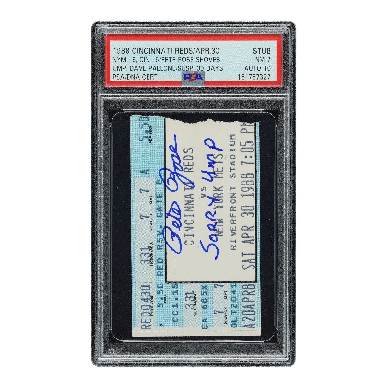 PETE ROSE SIGNED REDS TICKET STUB ROSE SHOVES UMP & SUSPENDED 30 DAYS PSA NM 7 - Image 2