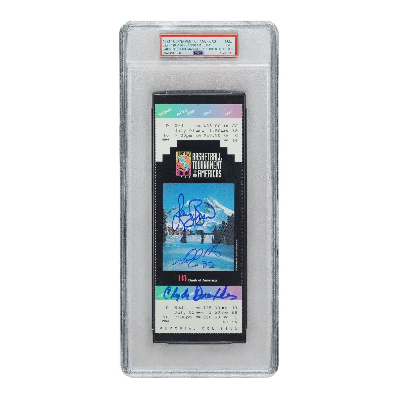 Bird Malone Drexler Signed 1992 Dream Team Tournament of Americas Ticket PSA 7