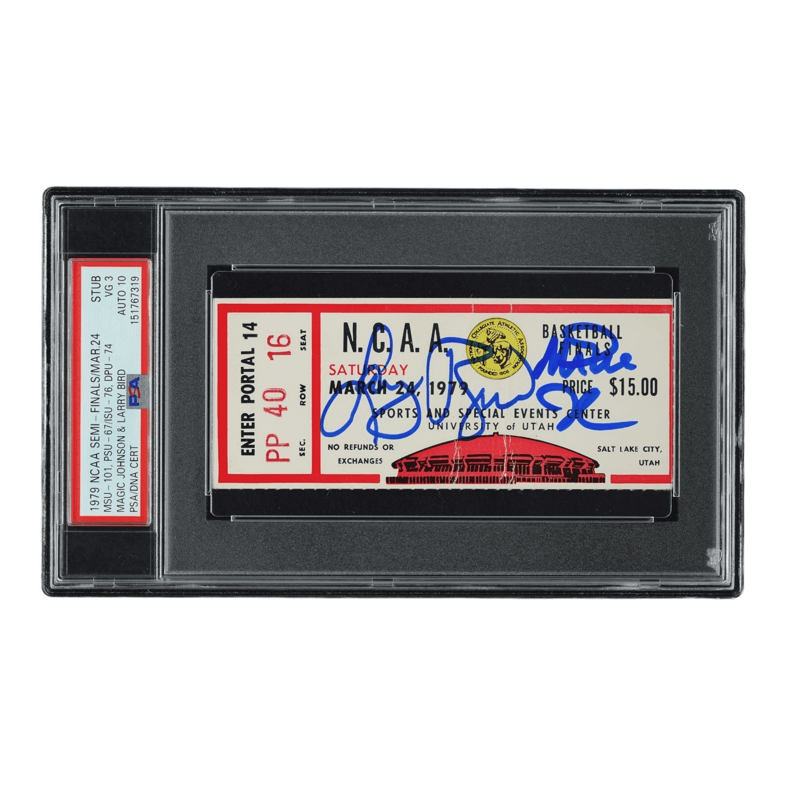 MAGIC JOHNSON LARRY BIRD 1979 NCAA SEMI FINALS SIGNED TICKET STUB PSA 151767319