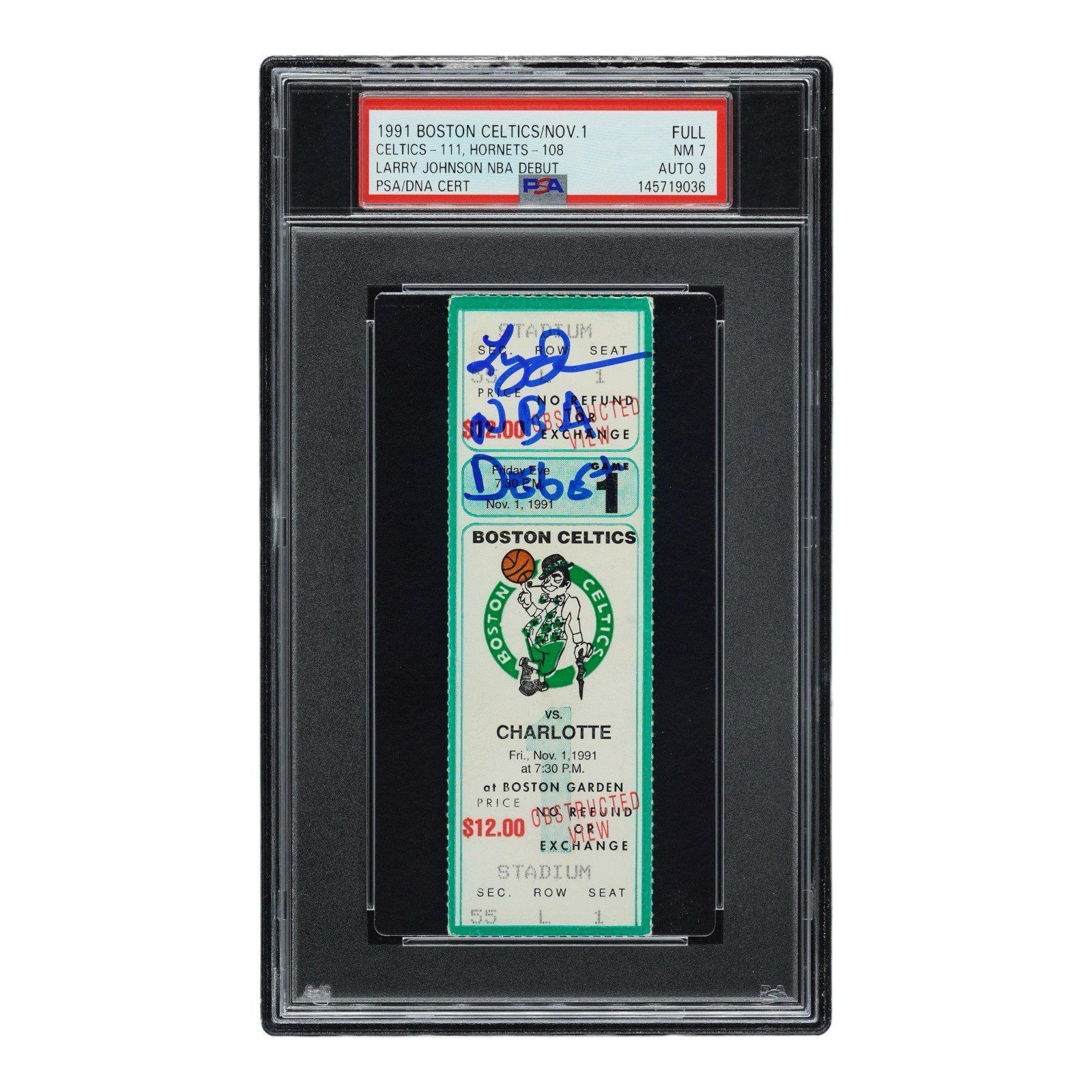 LARRY JOHNSON SIGNED NBA DEBUT FULL TICKET 11/1/1991 PSA 145719036 NM7 POP 2