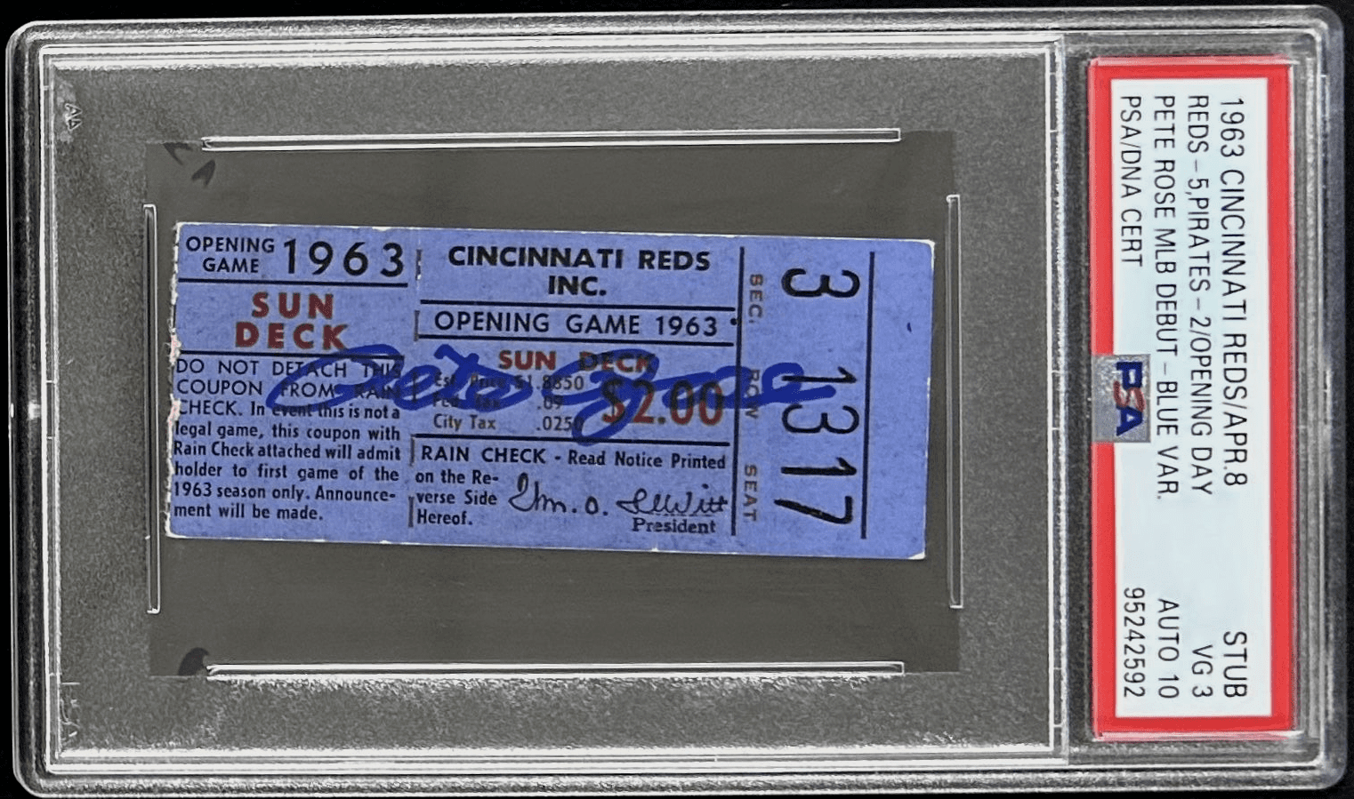 Pete Rose Signed Cincinnati Reds MLB Debut Ticket Stub 4-8-63  PSA 3 VG 95242592