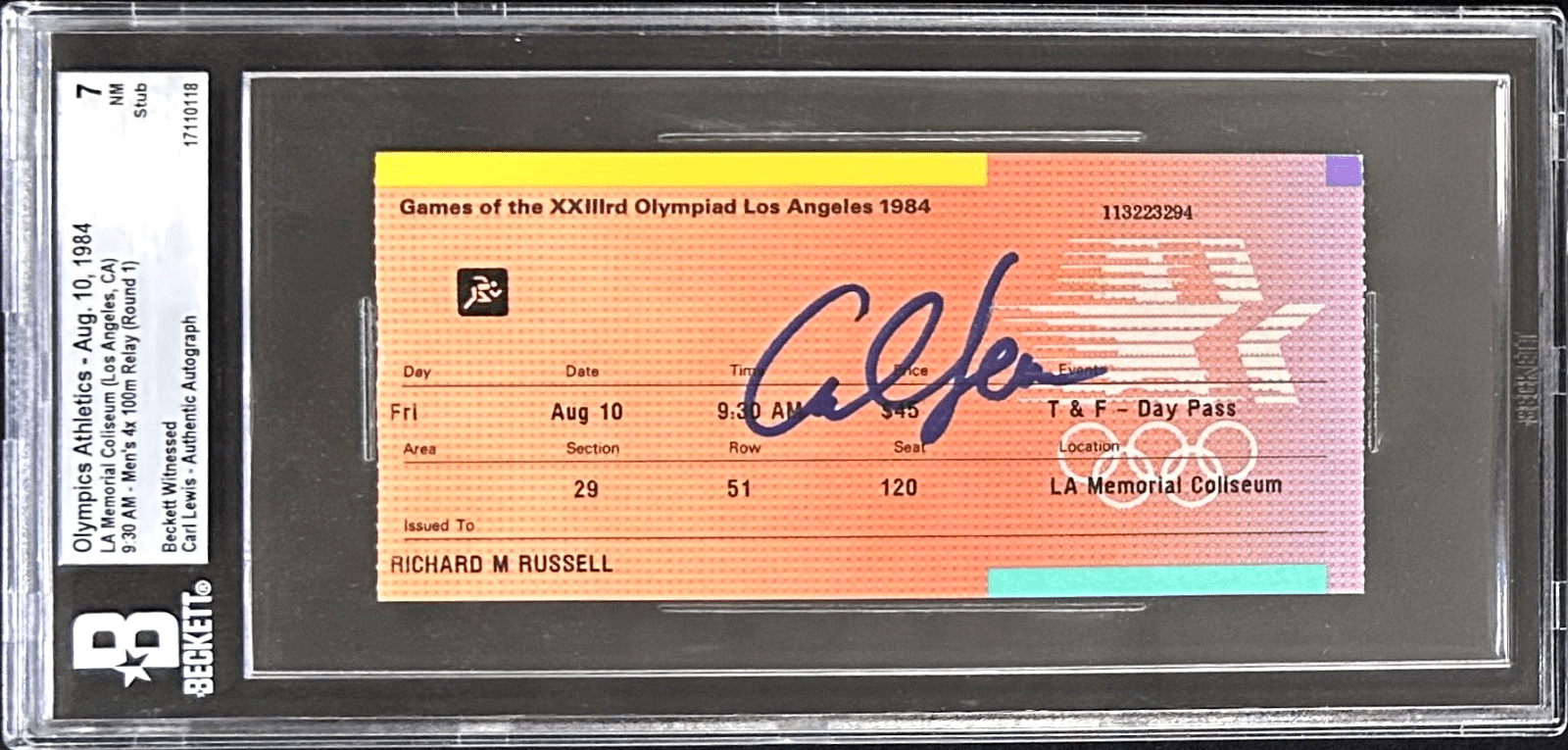 CARL LEWIS SIGNED 1984 LOS ANGELELES OLYMPICS TICKET STUB Beckett 17110118