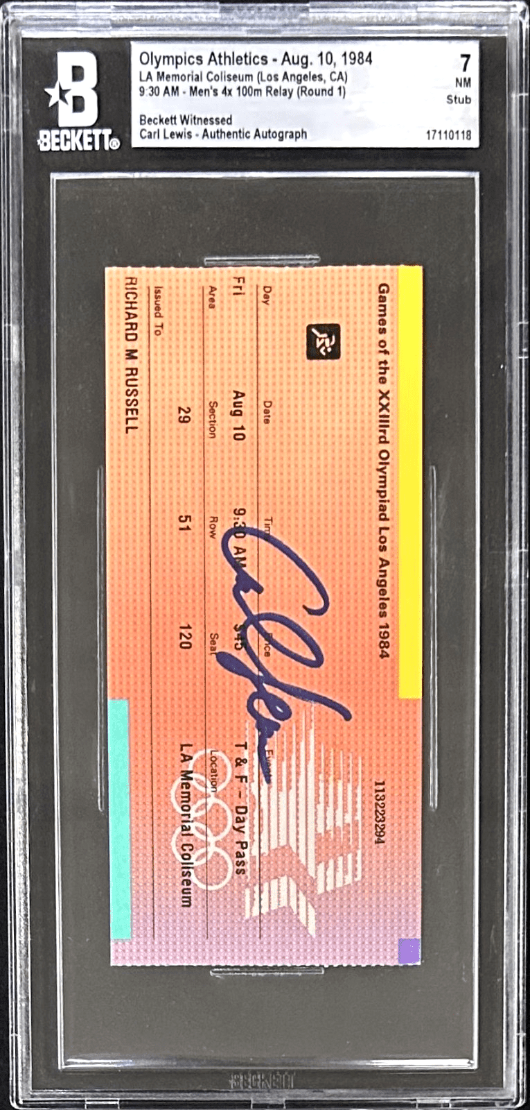 CARL LEWIS SIGNED 1984 LOS ANGELELES OLYMPICS TICKET STUB Beckett 17110118 - Image 2