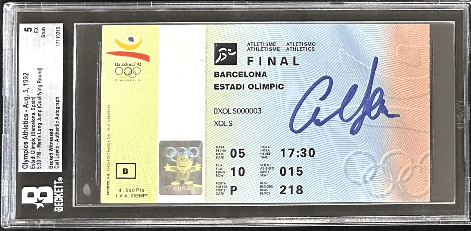 CARL LEWIS SIGNED 1992 OLYMPICS ATHLETICS MEN's LONG JUMP TICKET STUB BAS 5 EX