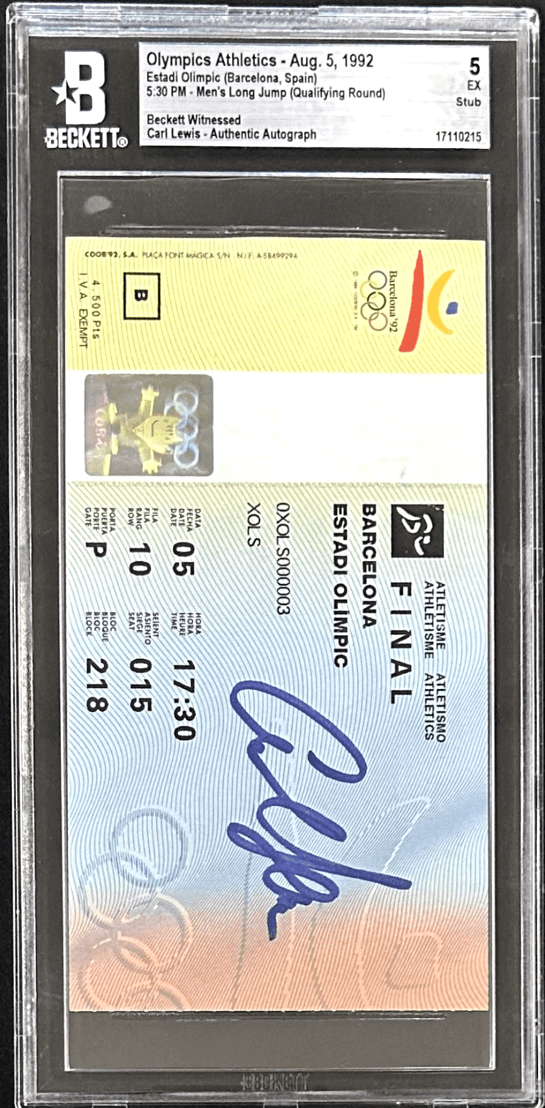 CARL LEWIS SIGNED 1992 OLYMPICS ATHLETICS MEN's LONG JUMP TICKET STUB BAS 5 EX - Image 2