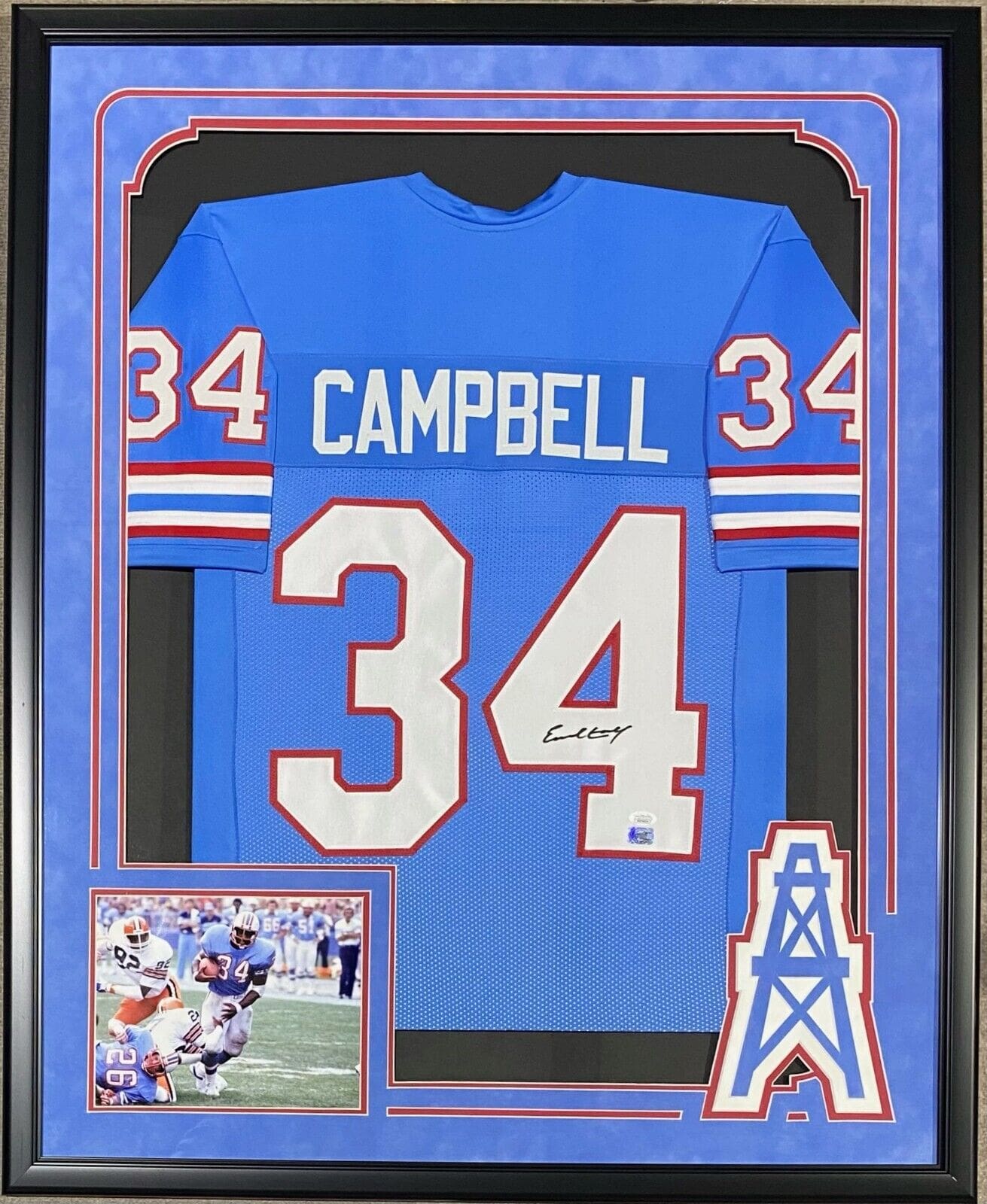 Earl Campbell Signed Autographed Framed Blue Jersey JSA Suede Cut Out Logo.