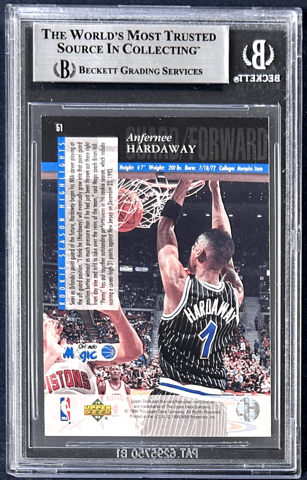 Anfernee Penny Hardaway 1993-94 Upper Deck SE Signed RC Card 51