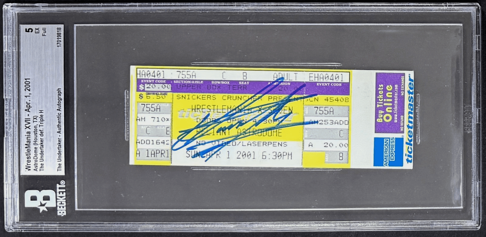 Undertaker Signed 2001 WWE WrestleMania XVII Full Ticket Beckett 5 EX 17019818