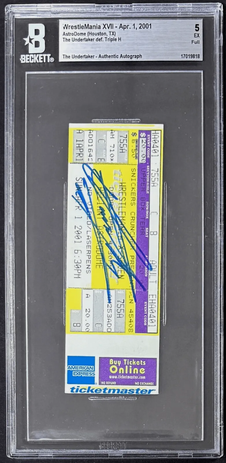 Undertaker Signed 2001 WWE WrestleMania XVII Full Ticket Beckett 5 EX 17019818 - Image 2