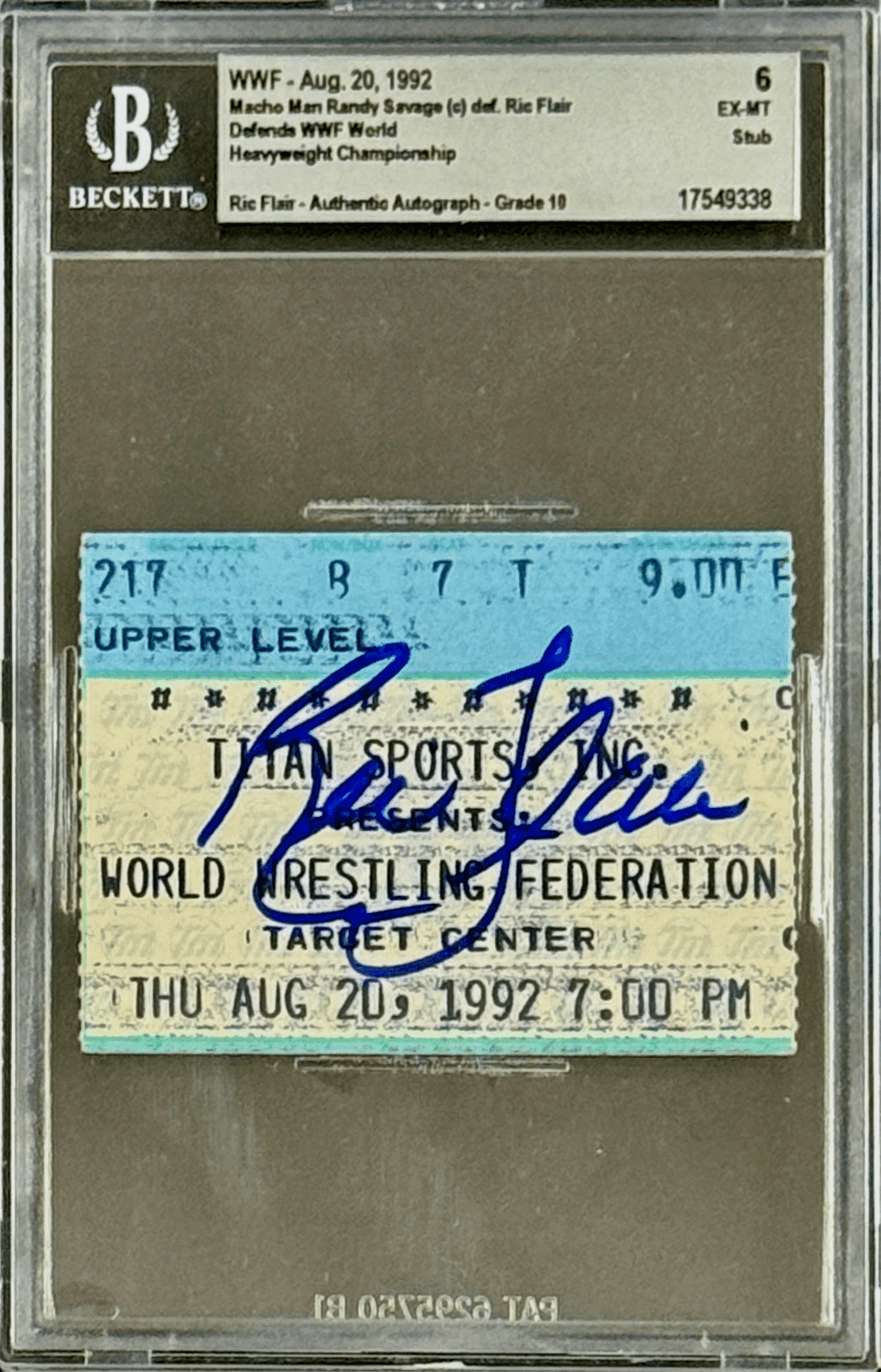 Ric Flair Signed WWF Aug. 20, 1992 Ticket Stub Beckett 6 Ex-Mt Auto 10 17549338