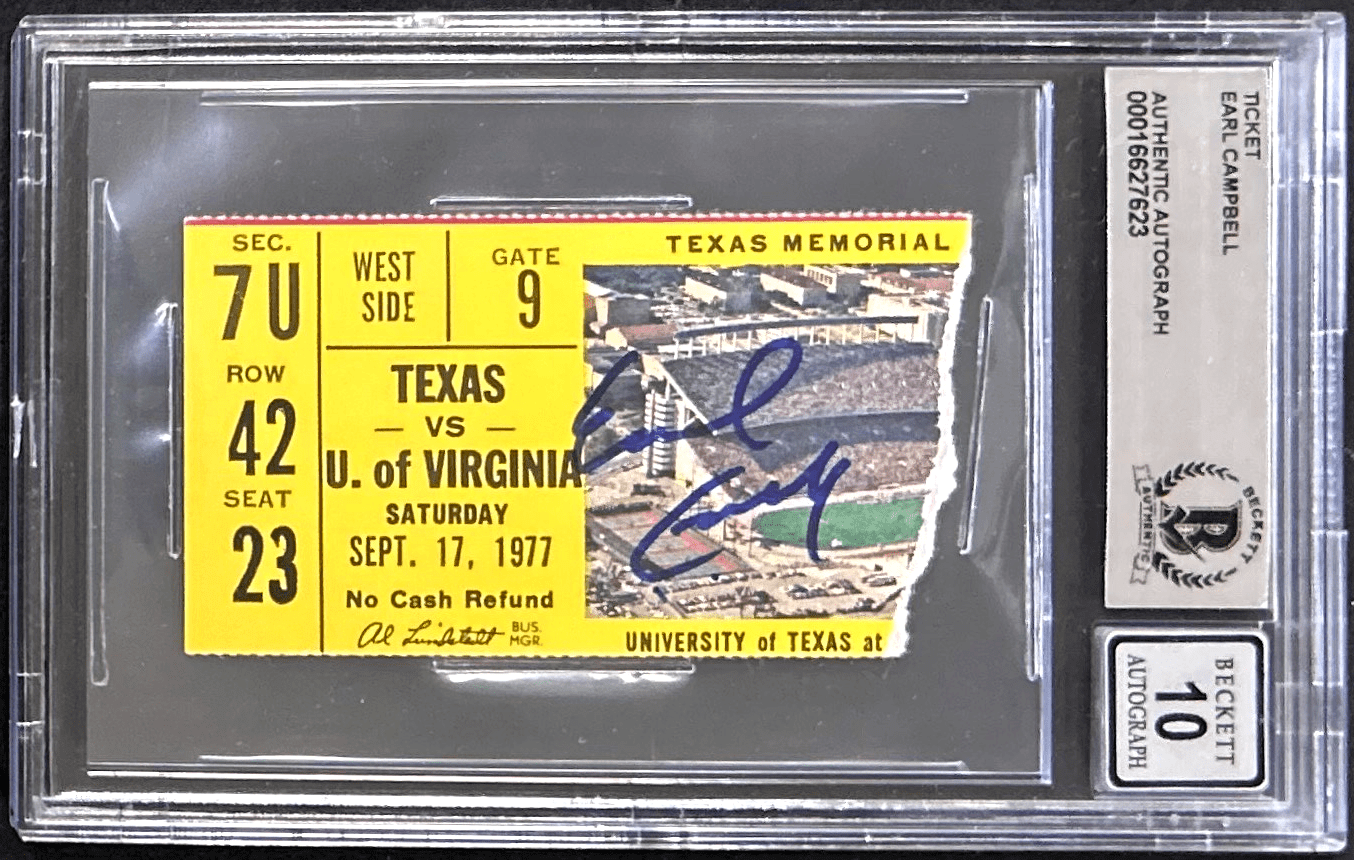 EARL CAMPBELL AUTOGRAPHED TEXAS VS UNIV OF VIRGINIA TICKET STUB BECKETT 16627623