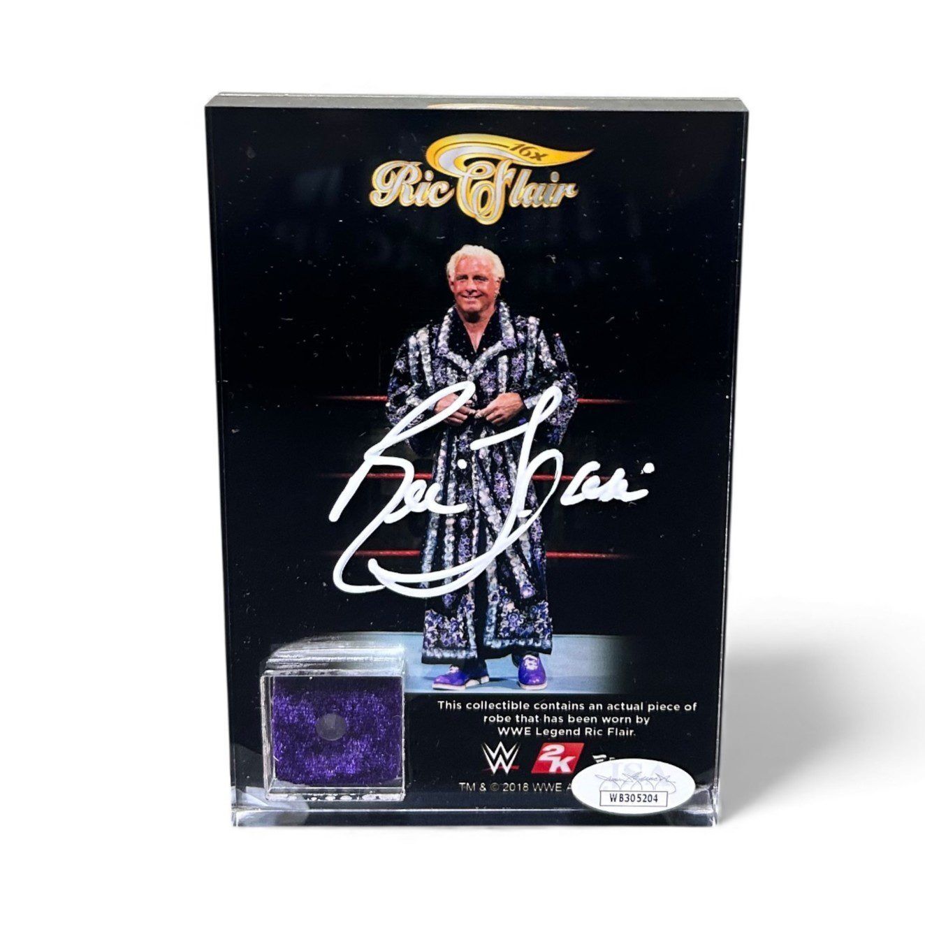 RIC FLAIR AUTOGRAPHED WWE 2K GAME PLAQUE PIECE OF ROBE RELIC SWATCH JSA
