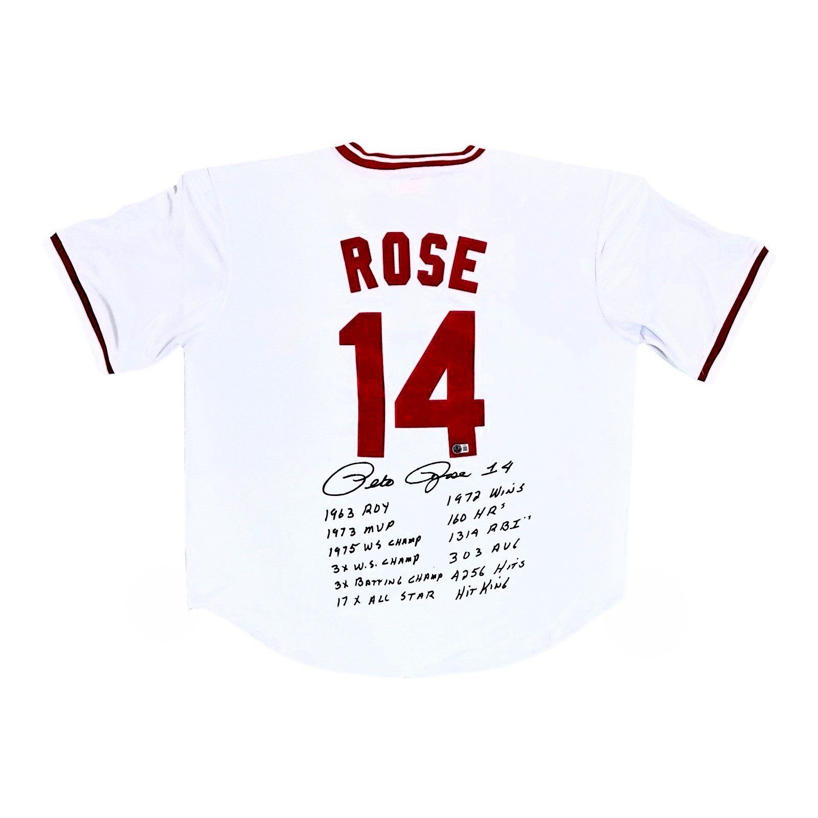 PETE ROSE AUTOGRAPHED REDS WHITE JERSEY WITH 12 STATS BECKETT