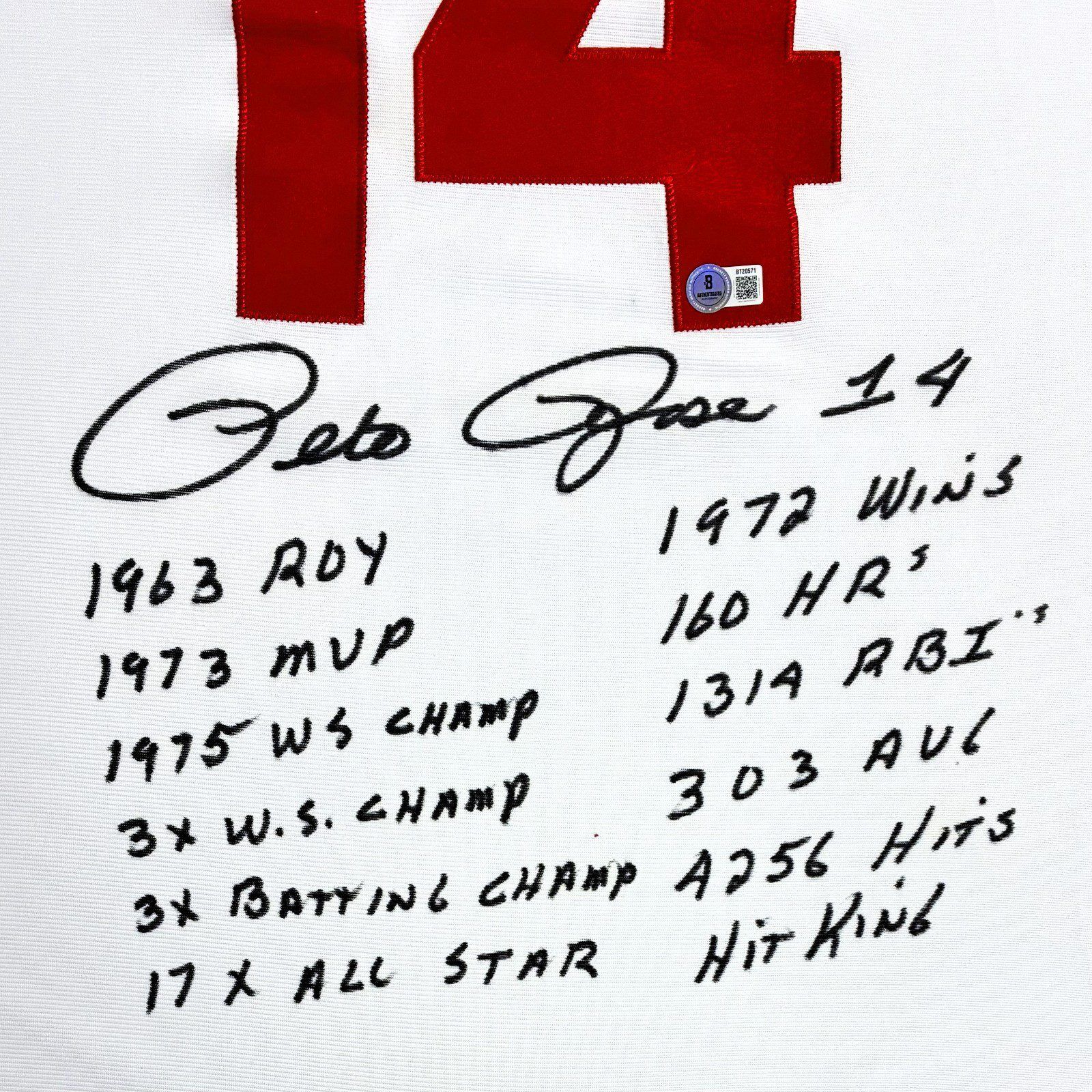 PETE ROSE AUTOGRAPHED REDS WHITE JERSEY WITH 12 STATS BECKETT - Image 2
