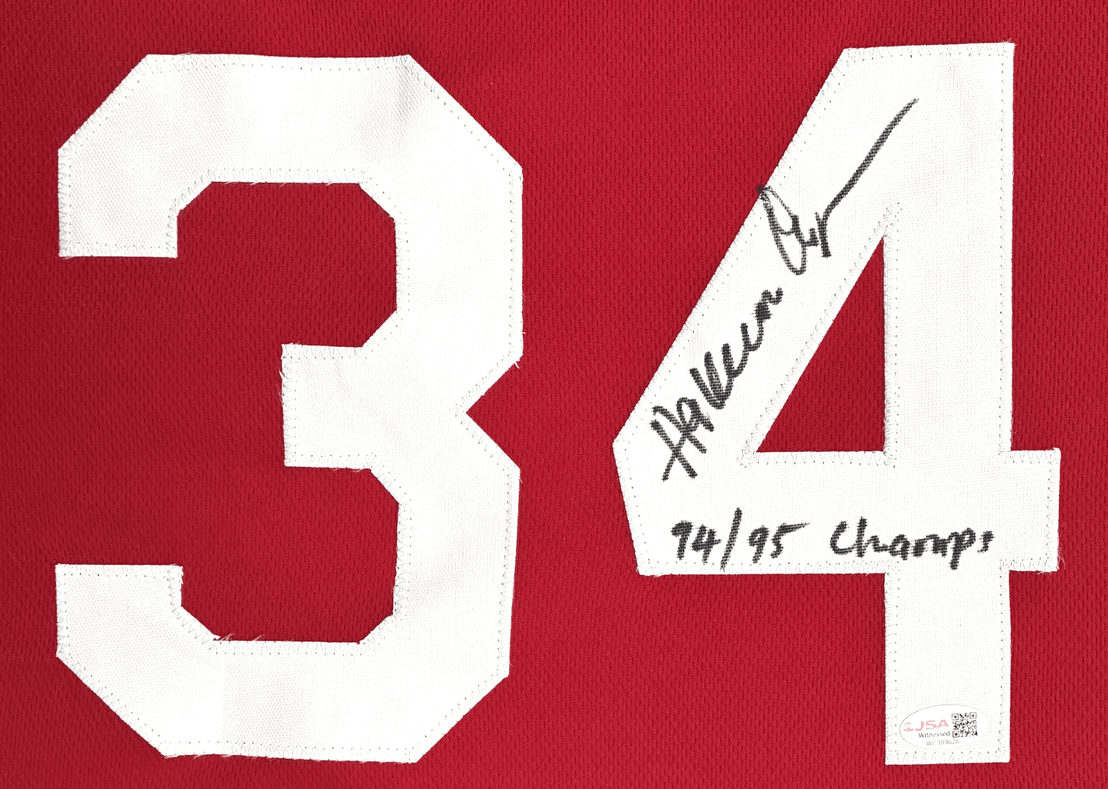 HAKEEM OLAJUWON AUTOGRAPHED RED JERSEY JSA AUTHENTICATED 94/95 CHAMPS - Image 2