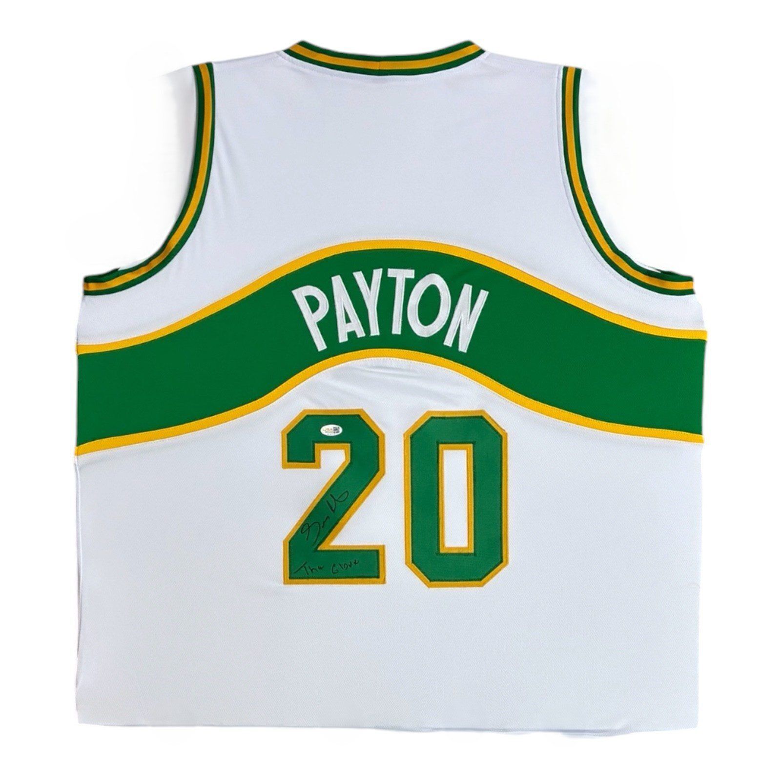 GARY PAYTON AUTOGRAPHED WHITE/GREEN/YELLOW JERSEY JSA AUTHENTICATED THE GLOVE