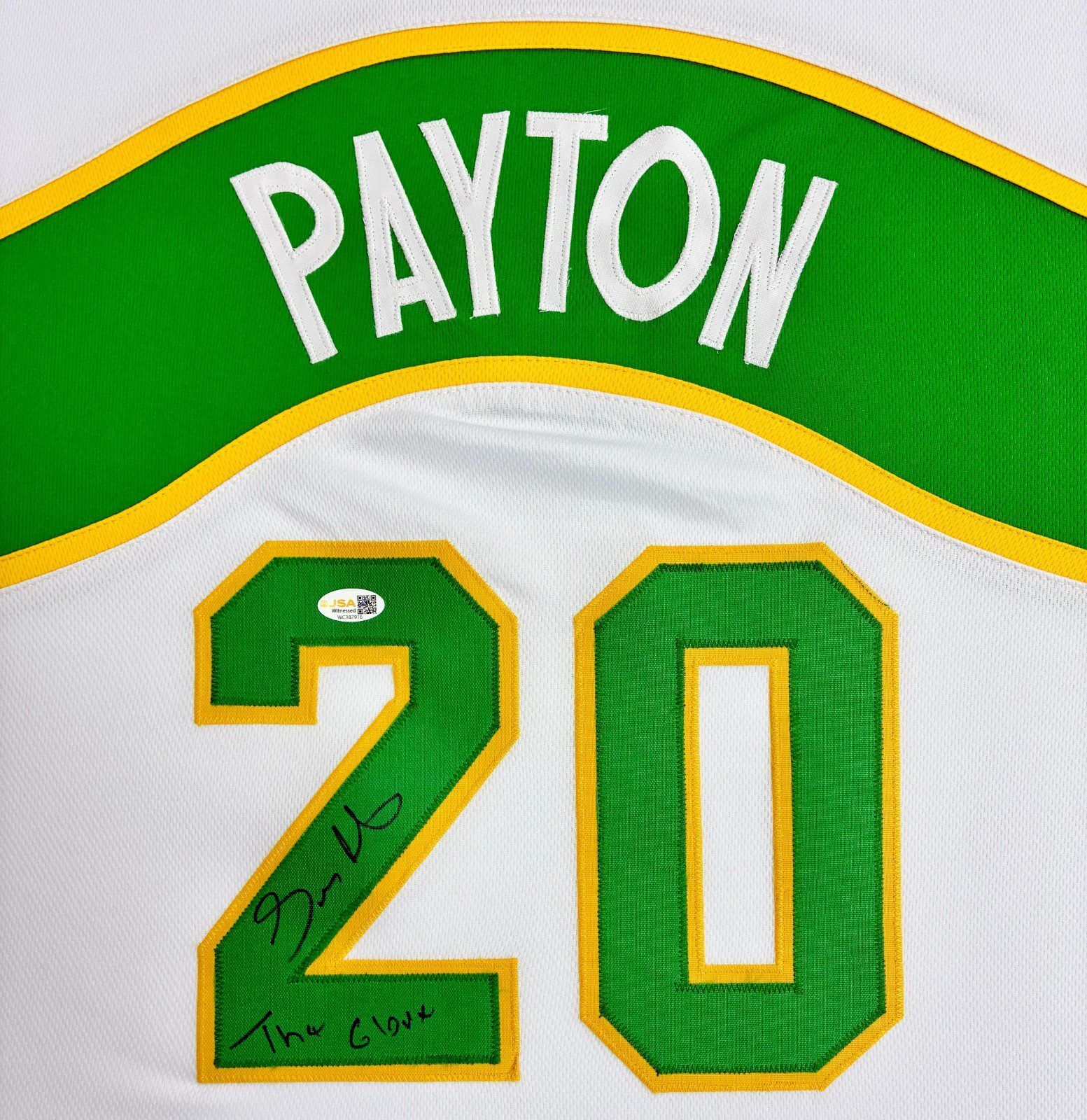 GARY PAYTON AUTOGRAPHED WHITE/GREEN/YELLOW JERSEY JSA AUTHENTICATED THE GLOVE - Image 2