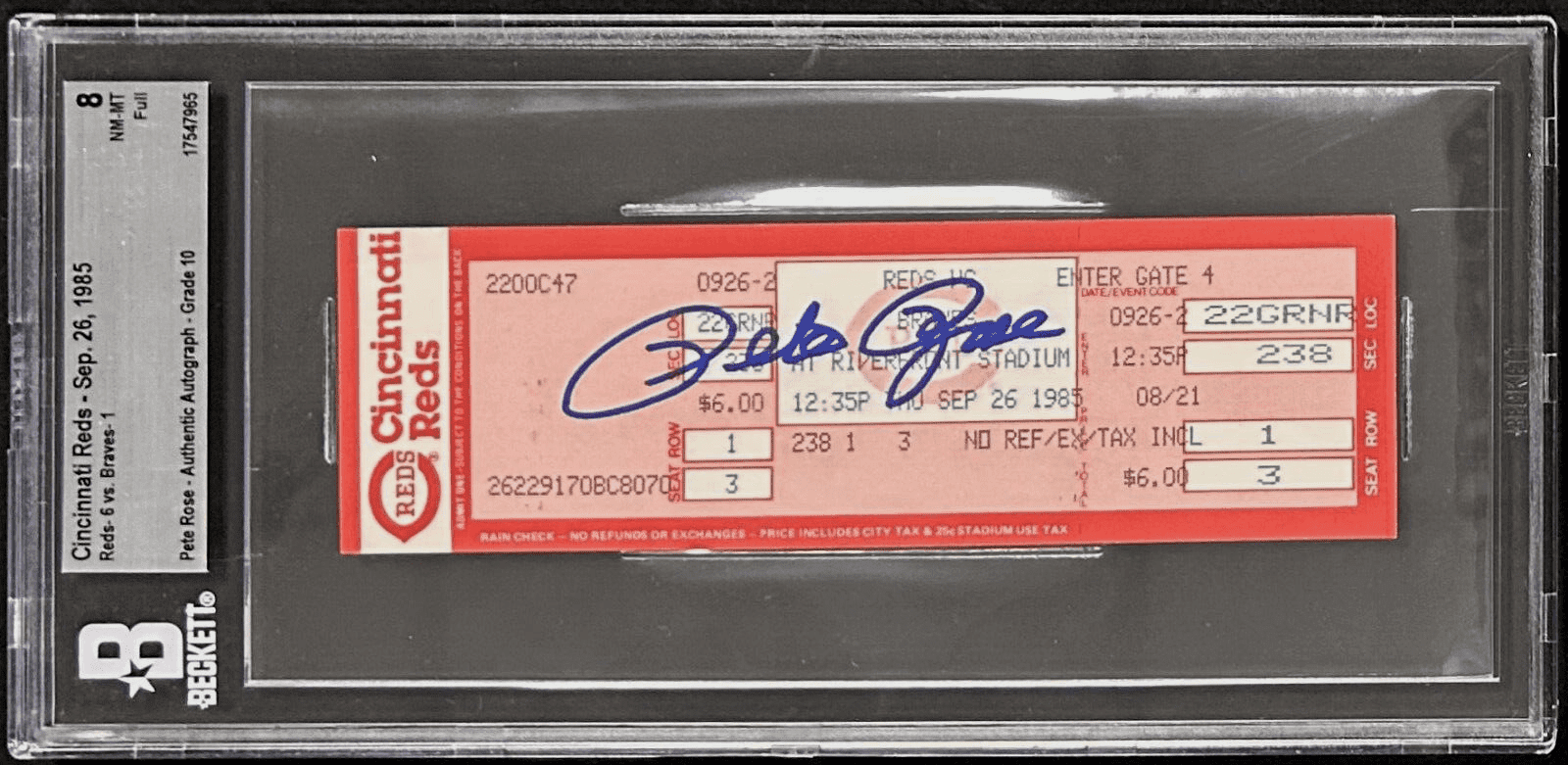 PETE ROSE AUTOGRAPHED FULL TICKET 9/26/85 BECKETT 8 NM-MT AUTO 10 17547965