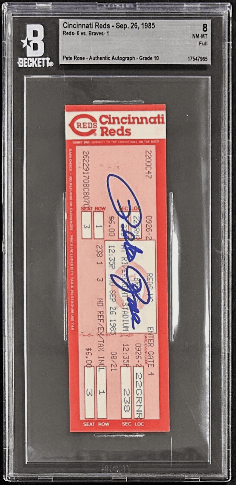 PETE ROSE AUTOGRAPHED FULL TICKET 9/26/85 BECKETT 8 NM-MT AUTO 10 17547965 - Image 2