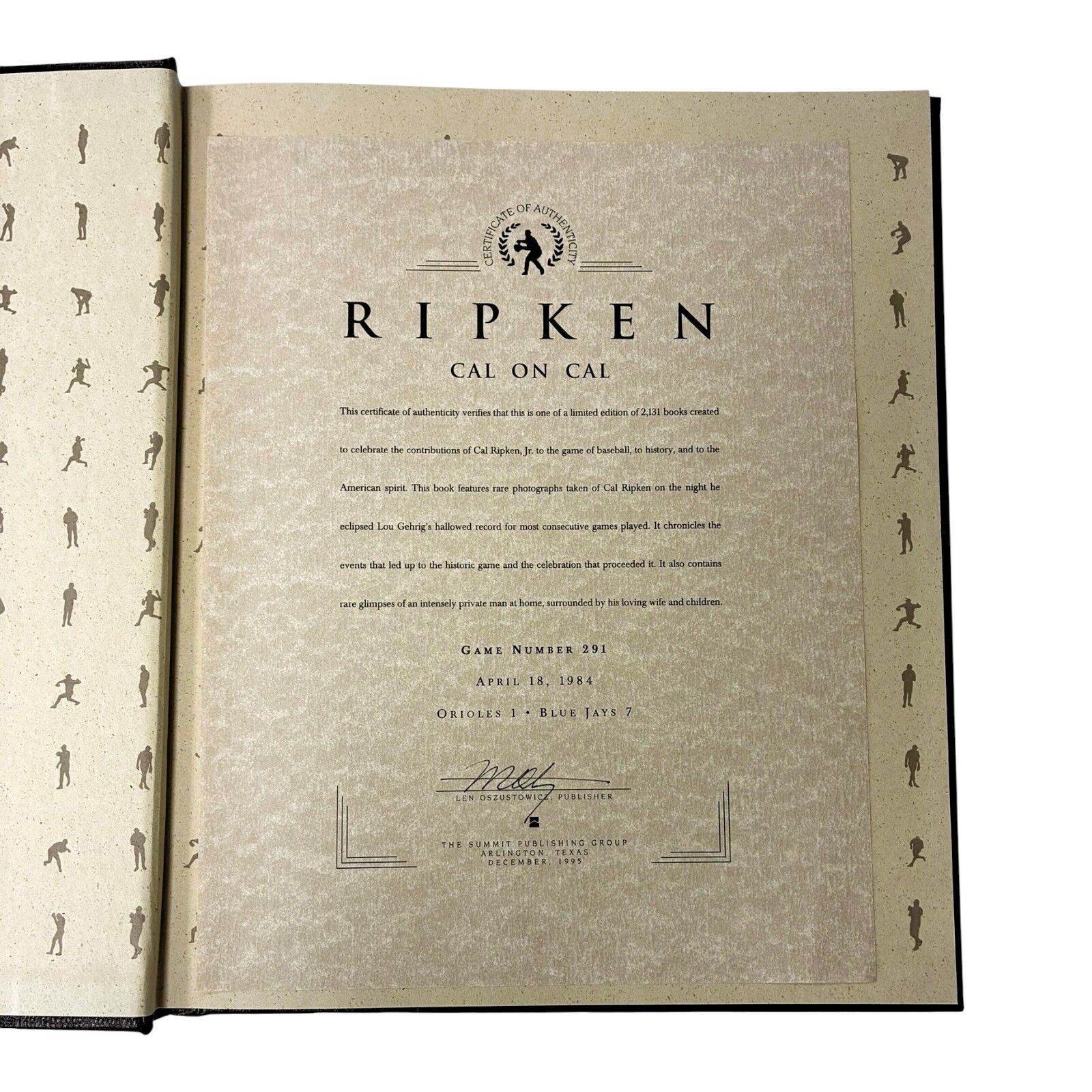 CAL RIPKEN JR SIGNED 2131 LEATHER BOUND BOOK "RIPKEN CAL ON CAL" WITH COA #291 - Image 4
