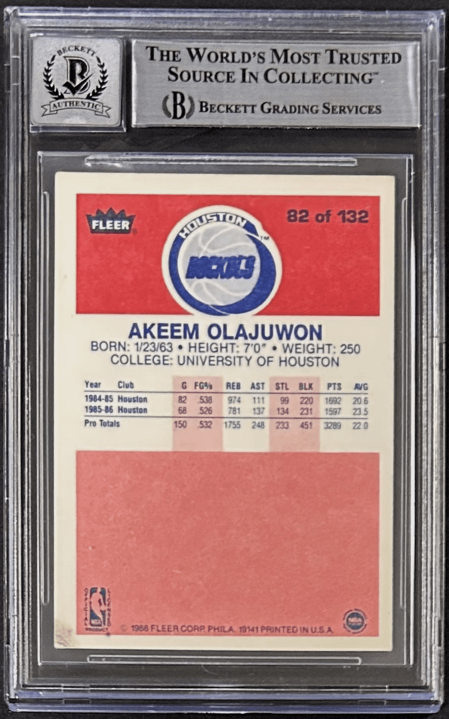 Hakeem "Akeem" Olajuwon Signed 1986-87 Fleer RC Card #82 Beckett 17718460 Dream - Image 2