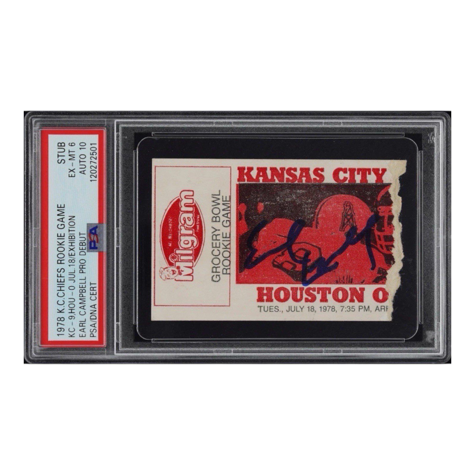 EARL CAMPBELL SIGNED 7/18/1978 OILER PRO DEBUT TICKET STUB PSA 6 Rookie Game