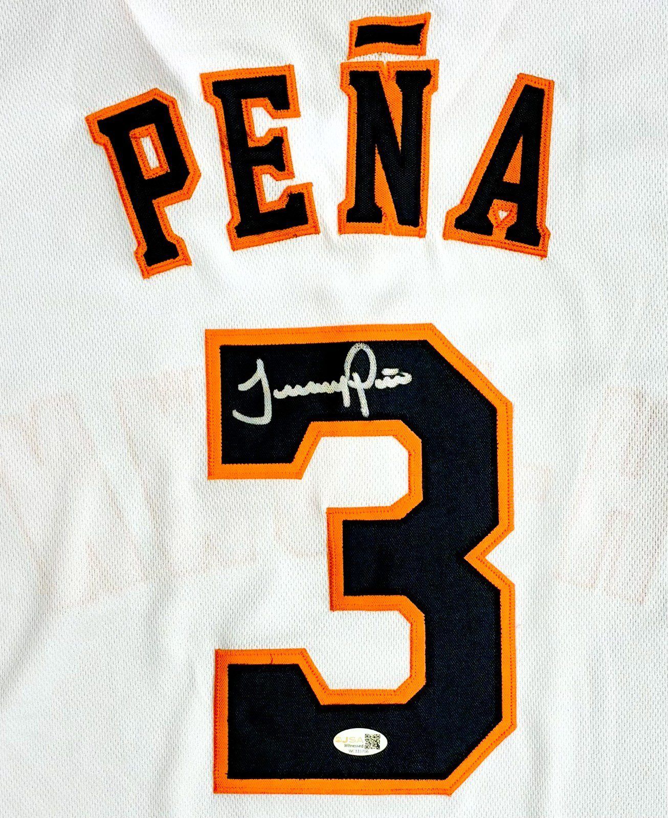 JEREMY PENA AUTOGRAPHED FRAMED CUSTOM WHITE/BLUE/ORANGE JERSEY JSA - Image 2