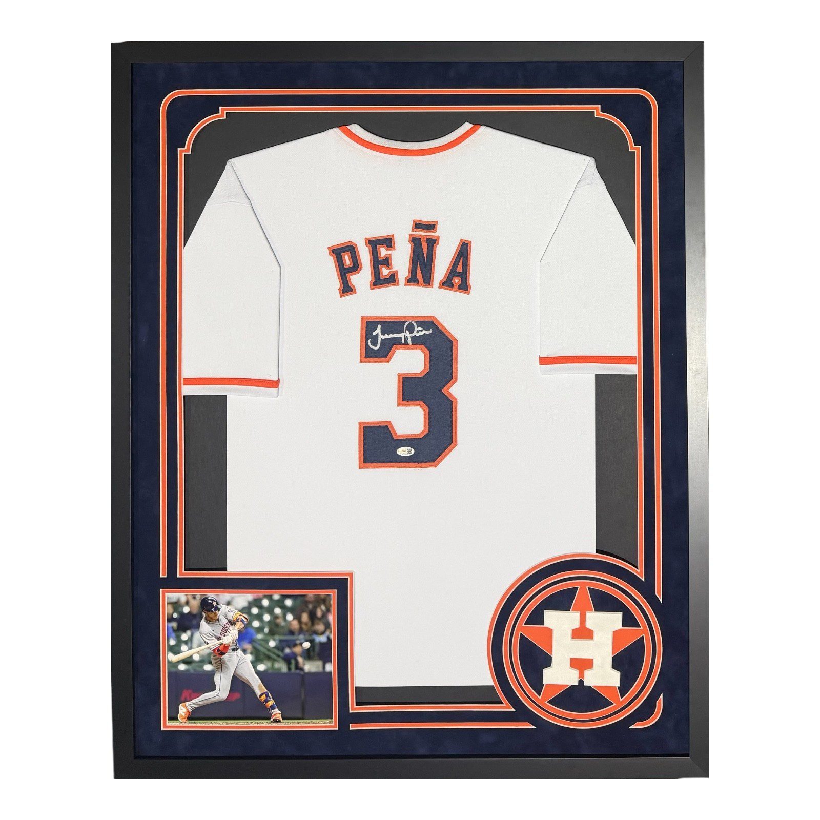 JEREMY PENA AUTOGRAPHED FRAMED CUSTOM WHITE/BLUE/ORANGE JERSEY JSA