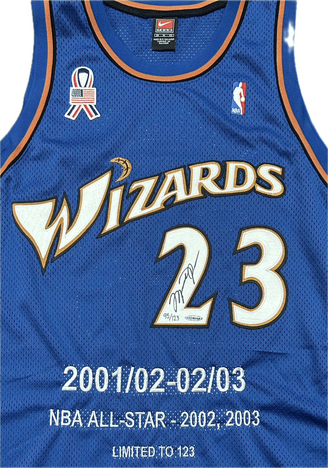 Michael Jordan Signed Washington Wizards Blue Stats Jersey Upper