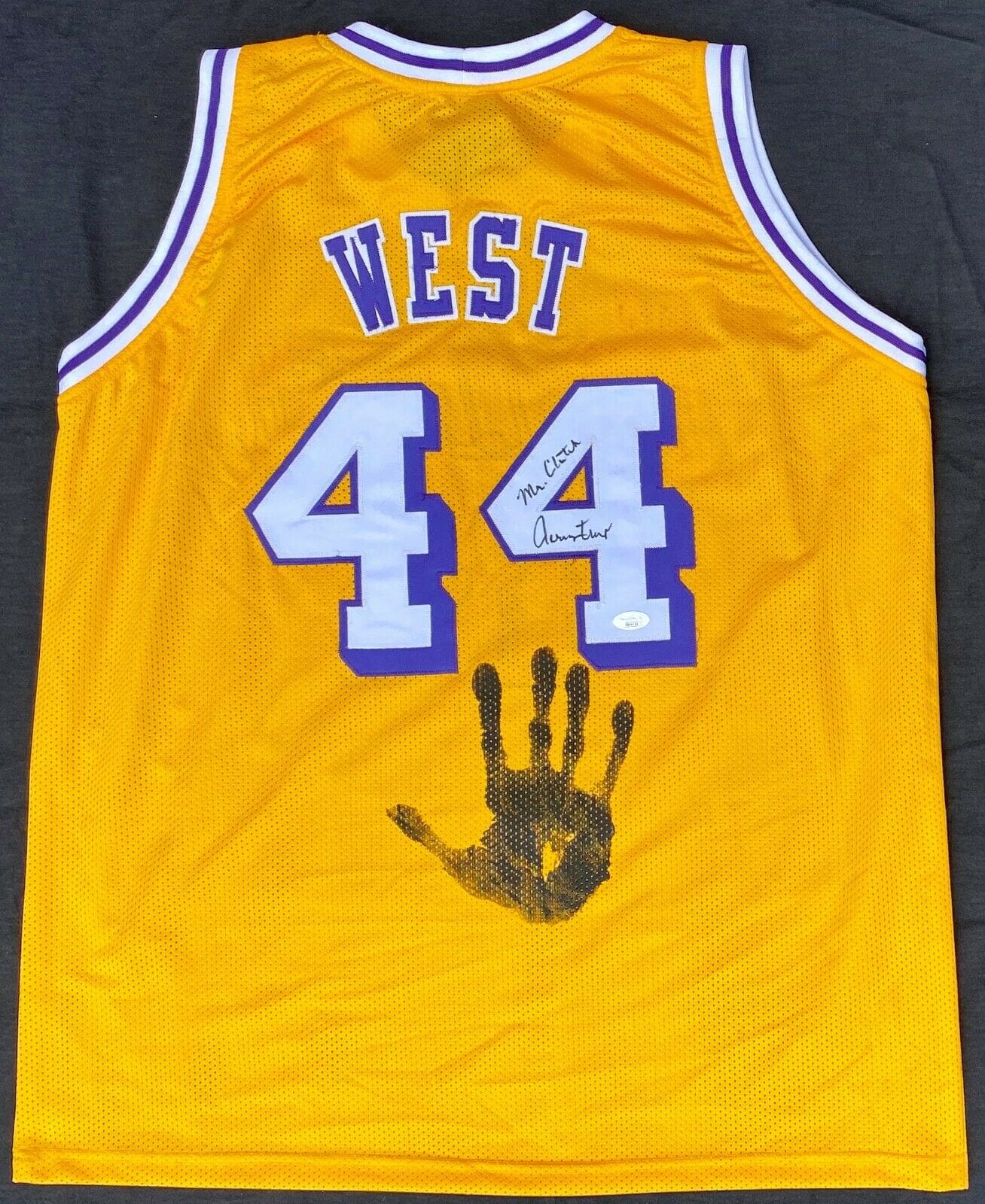 Lakers Jerry West 3x Insc Signed Yellow M&N HWC Swingman Framed Jersey BAS