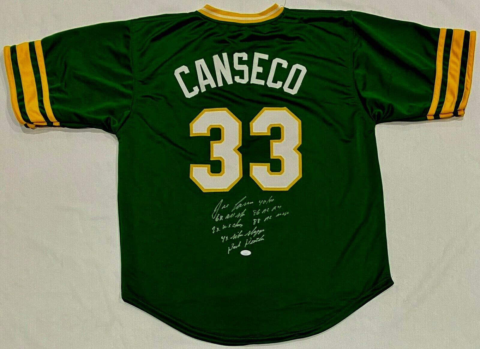 Jose Canseco Signed Autographed Green Jersey FSG Authenticated 7  Inscriptions