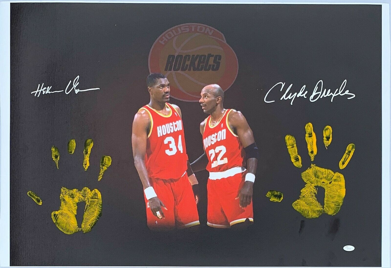 Hakeem Olajuwon Clyde Drexler Hand Print Unstretched 20×36 Canvas Signed  Z77338 – Fiterman Sports Group