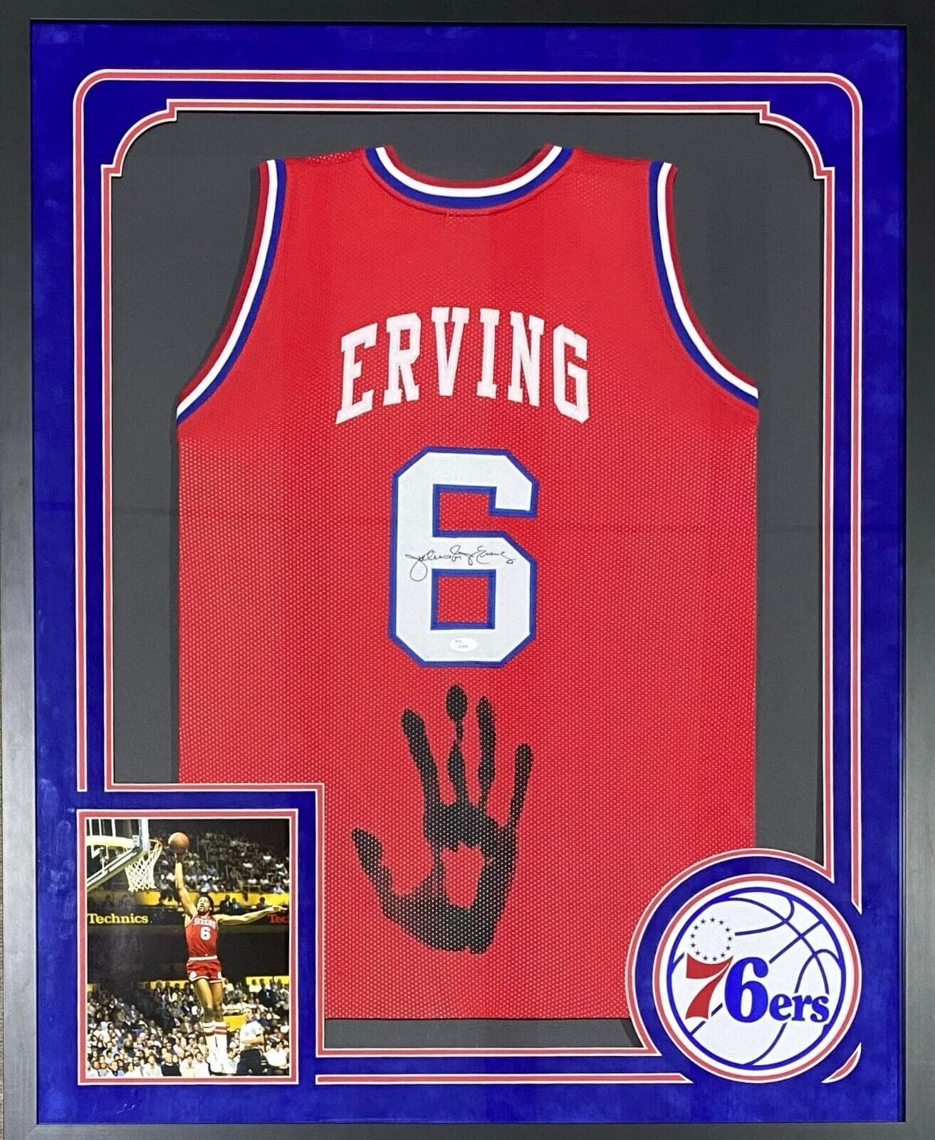 Julius Erving Dr. J Handprint Signed Autographed Red Framed Jersey JSA Authen