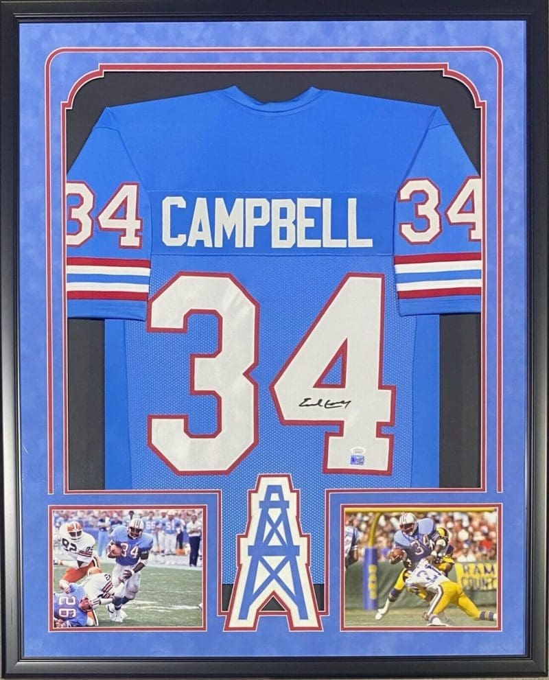 Earl Campbell Signed Autographed Framed Blue Jersey JSA Suede Cut Out Logo 2&1.