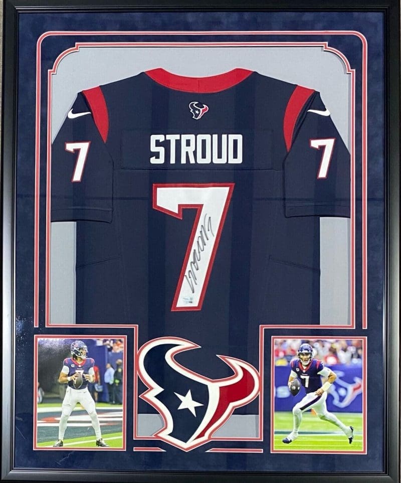 C. J. Stroud Signed Framed Blue Nike Texans Jersey Fanatics Authentic Suede 2&1